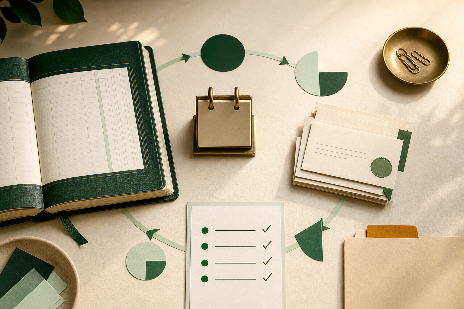 A warm editorial desk scene with a green ledger, approval notes, and a month-end cycle.