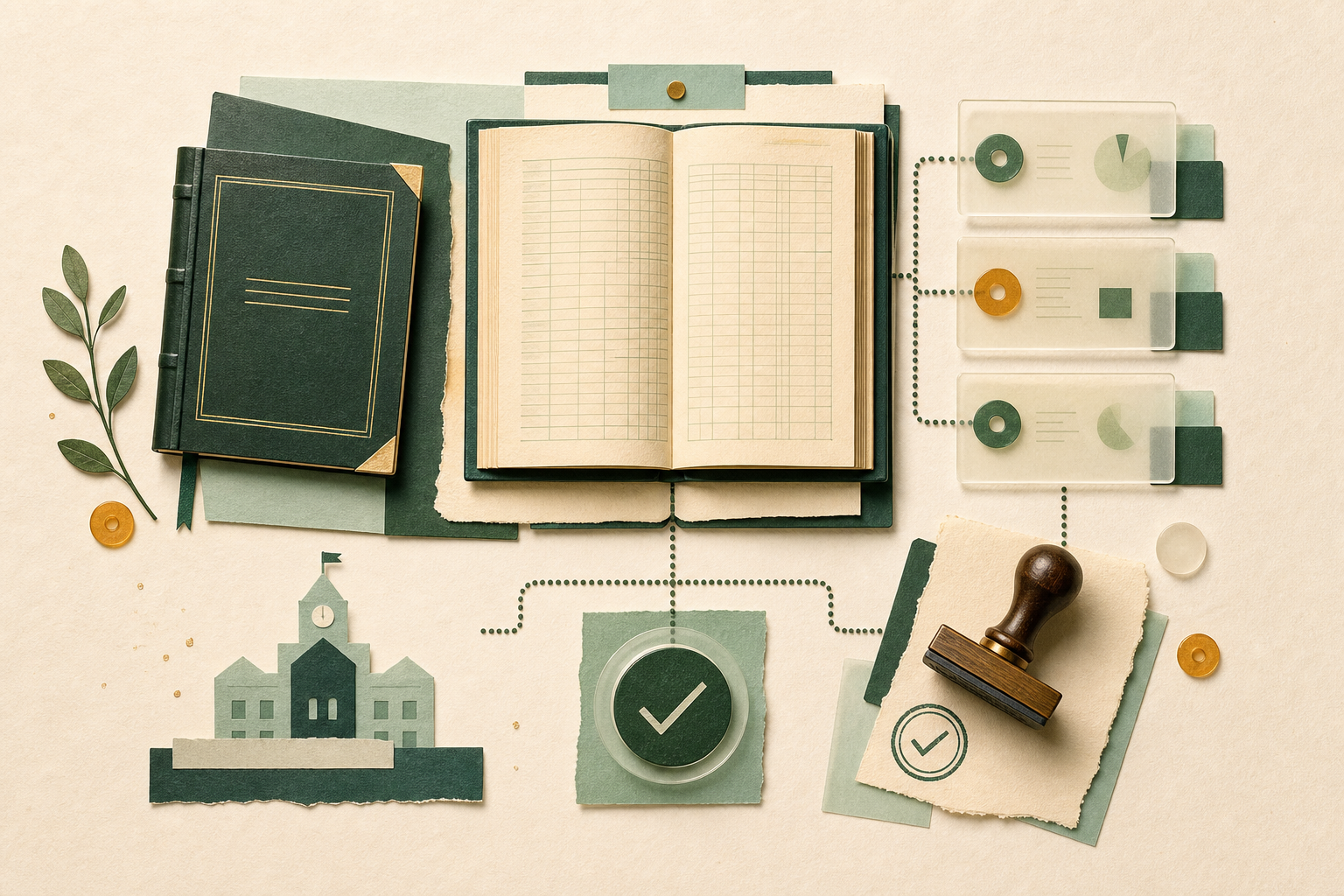 An editorial collage of a school ledger, transparent review cards, and a human approval stamp.